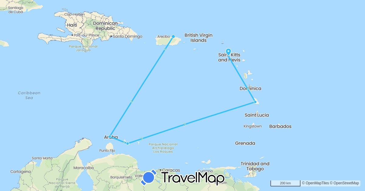TravelMap itinerary: driving, boat in France, Saint Kitts and Nevis, Netherlands, United States (Europe, North America)